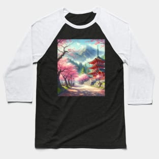 Japanese Red Temple with Cherry Blossom and Mountain - Anime Drawing Baseball T-Shirt